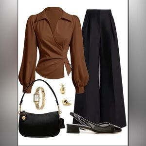 Elegant Brown Blouse and Black Wide-Leg Pants Set